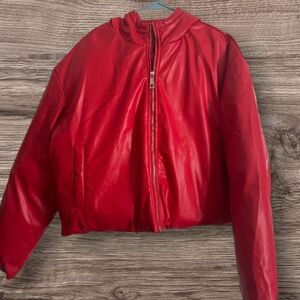 Boohoo, Man Red Shinney Hooded Puffer Jacket Men's Size Small